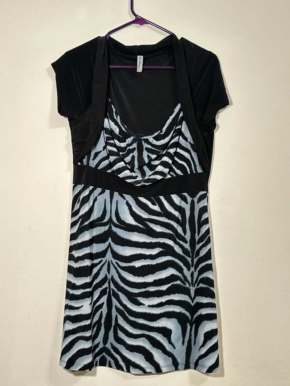 My Michelle Zebra Print Cowl Neck Dress with Faux Shrug Overlay